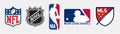Official logos of major USA sports leagues. Logo of the top 5 American sports league - NFL, NHL, NBA, MLB and MLS.